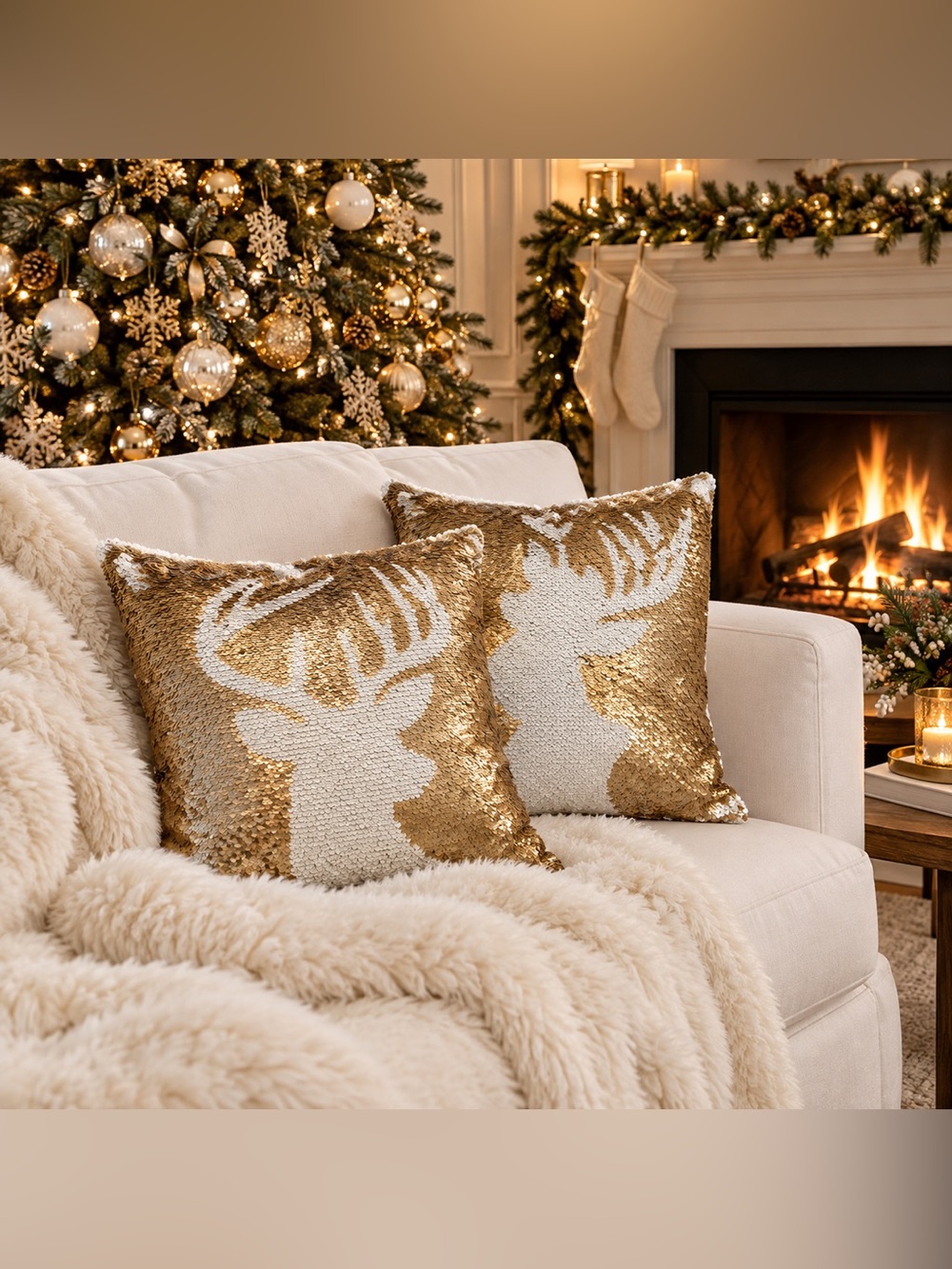 2 Sparkly Sequin Reindeer Cushions Holiday Winter Christmas Home Decor Pillows
